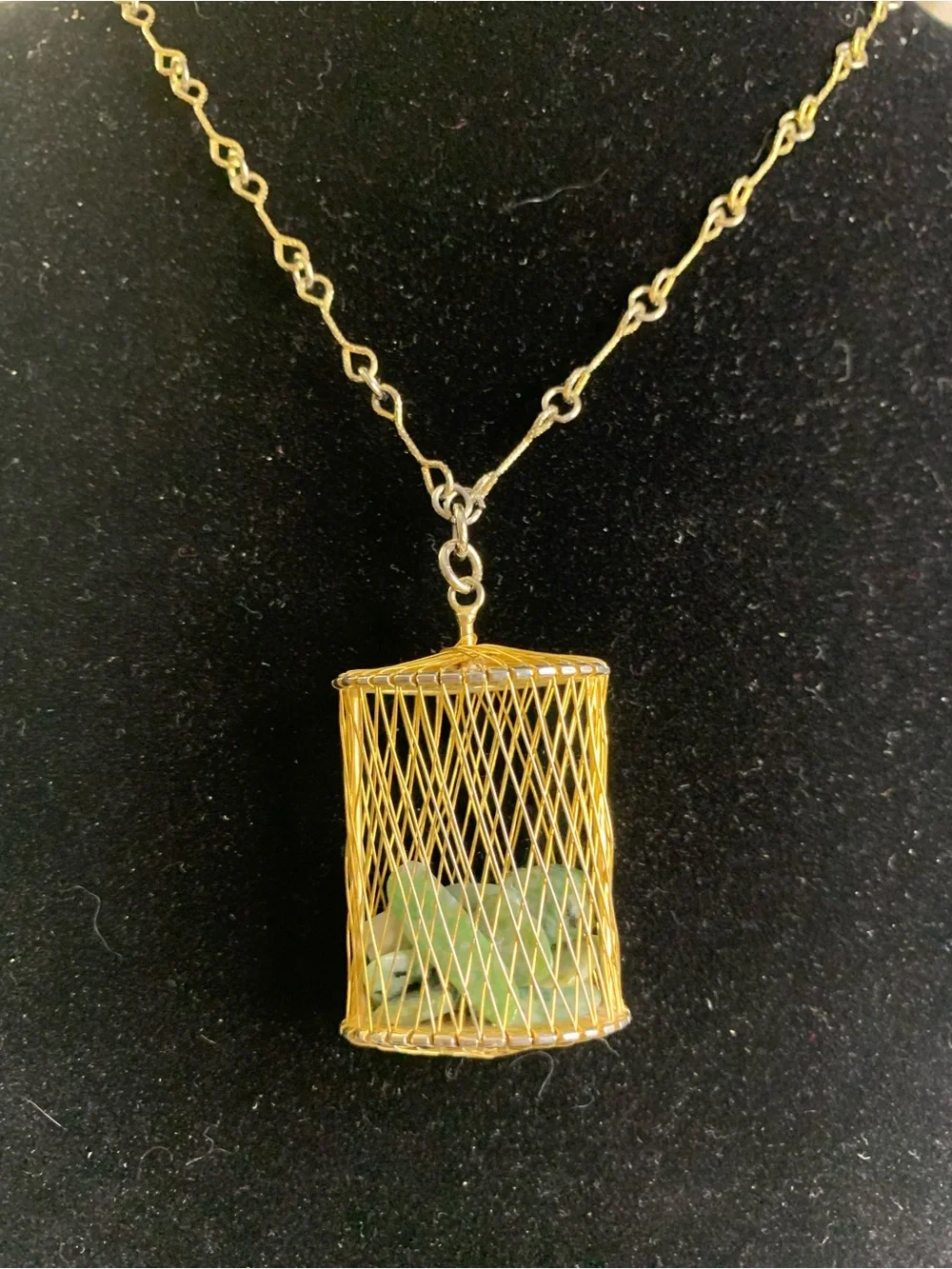 Gold Filled Mesh Wire Cage Pendant and Necklace with Green Jade Stones